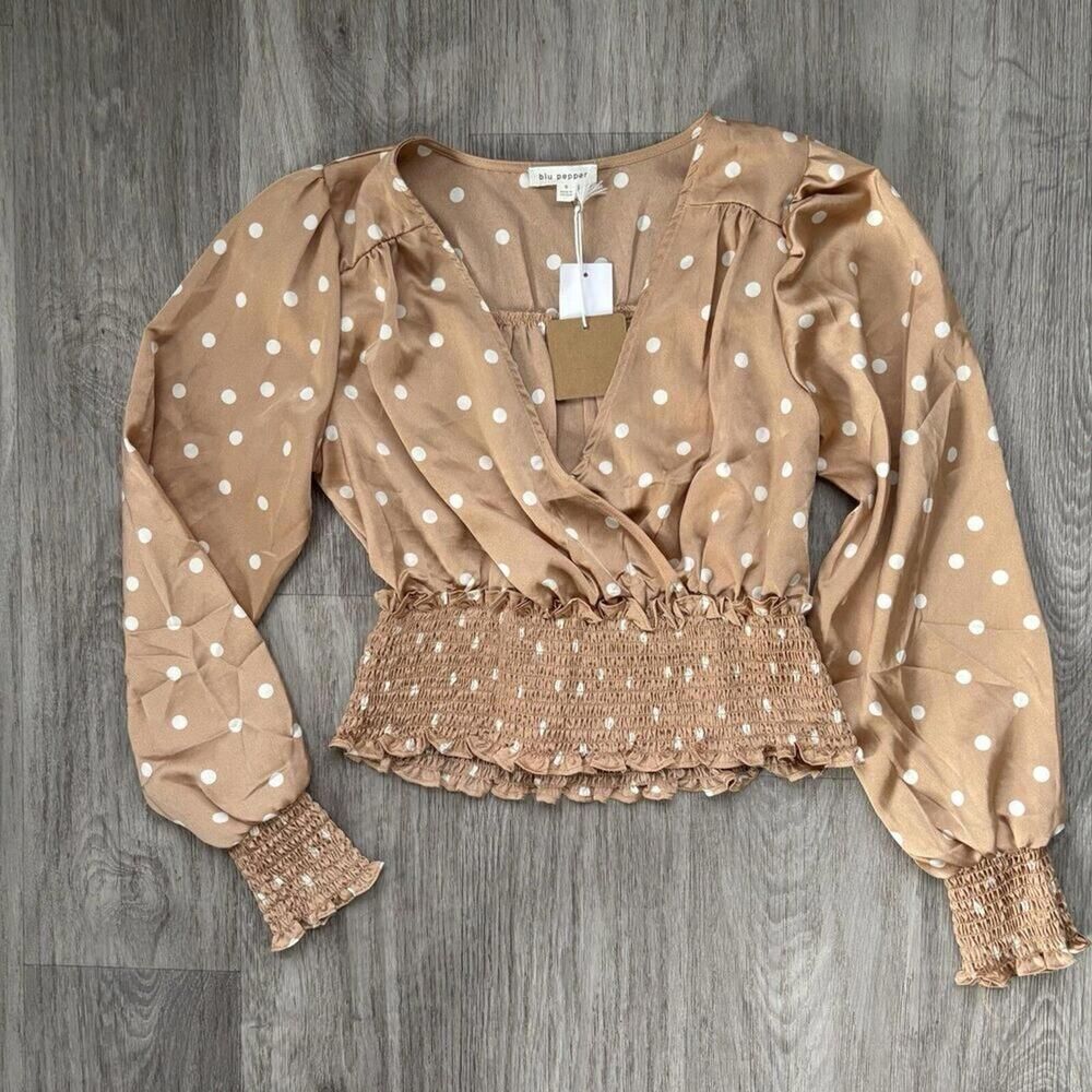 Blu Pepper Beige Faux Wrap V Neck Puff Sleeve Satin Polka Dot Blouse Small